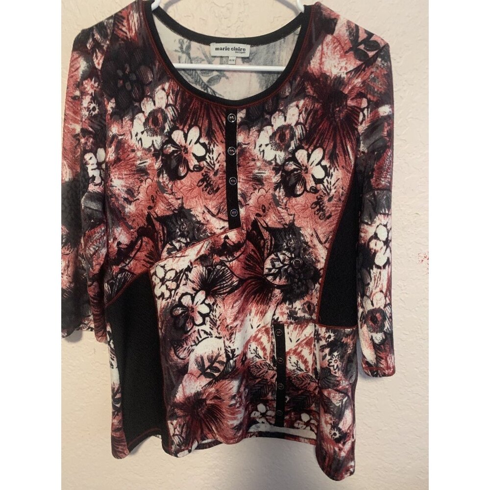 Marie Claire Boutiques Black/Red Floral Pullover Boho Artsy Sweater Size M